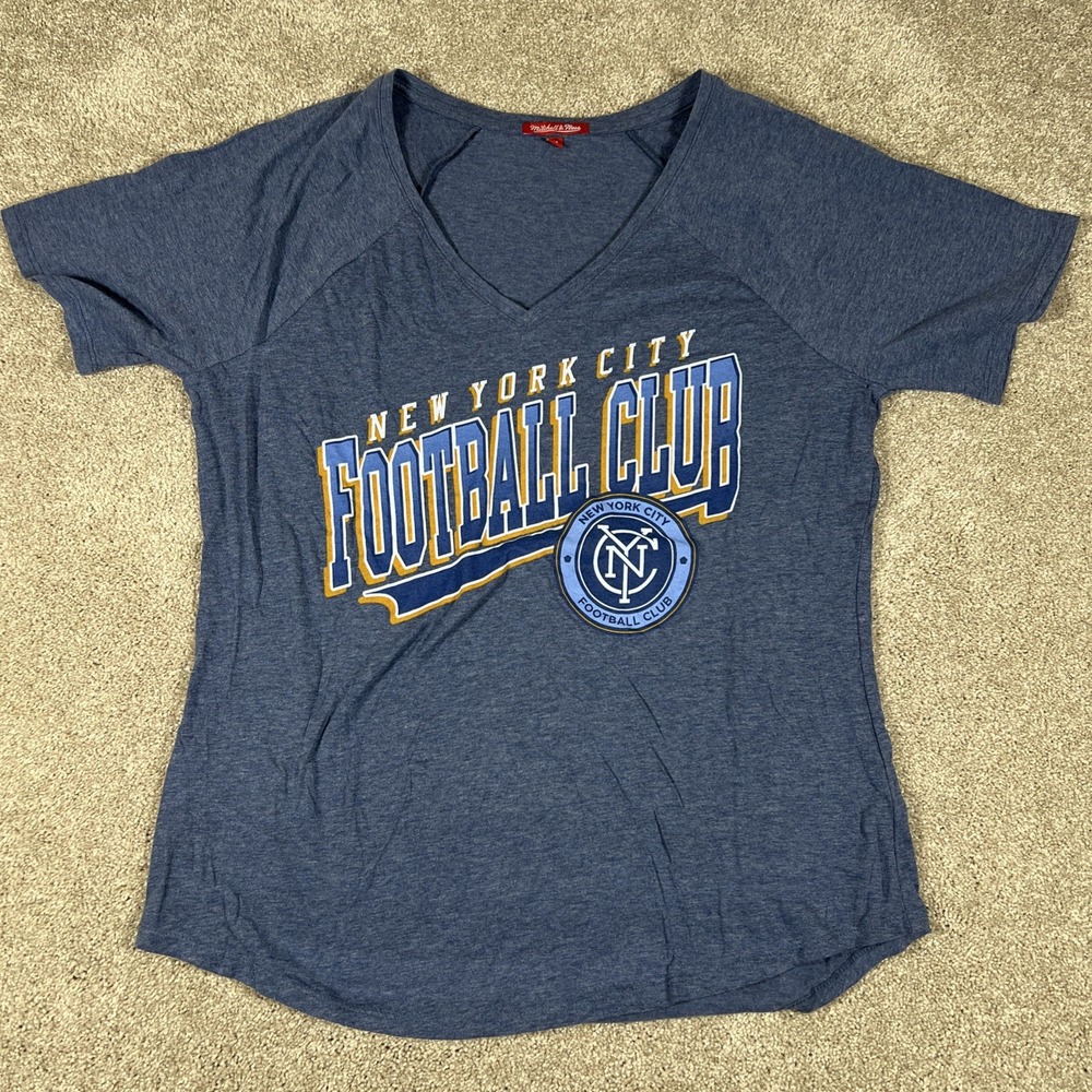 NYCFC Shirt Women's Medium Mitchell & Ness V-Neck MLS Blue‎ Football Club Tee